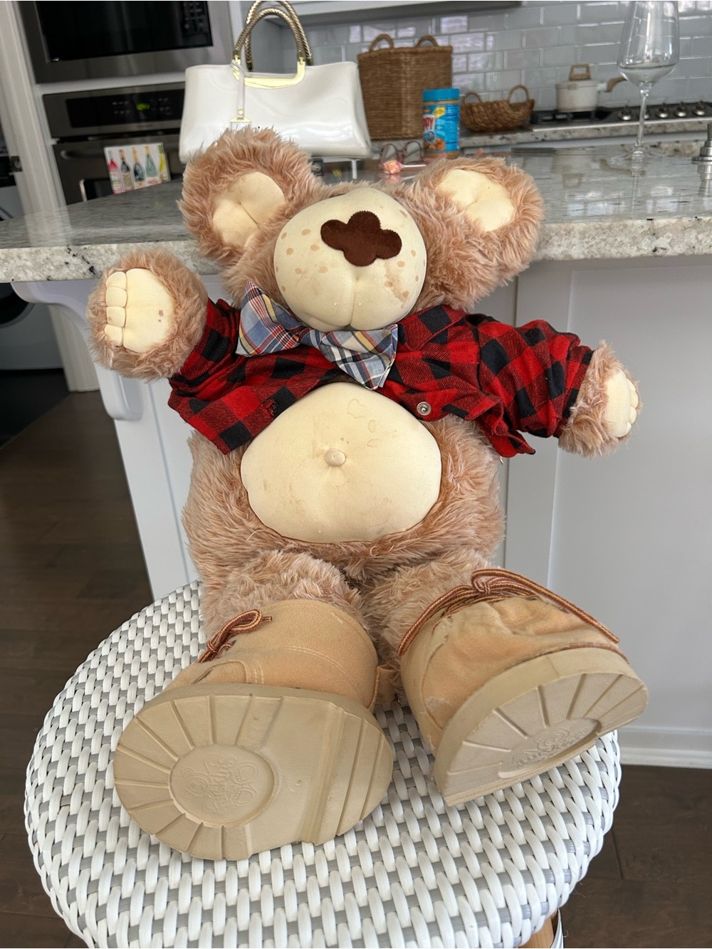 Furskins Farrell vintage 1983-84 Bear in Red Buffalo Plaid Shirt and Tan Boots